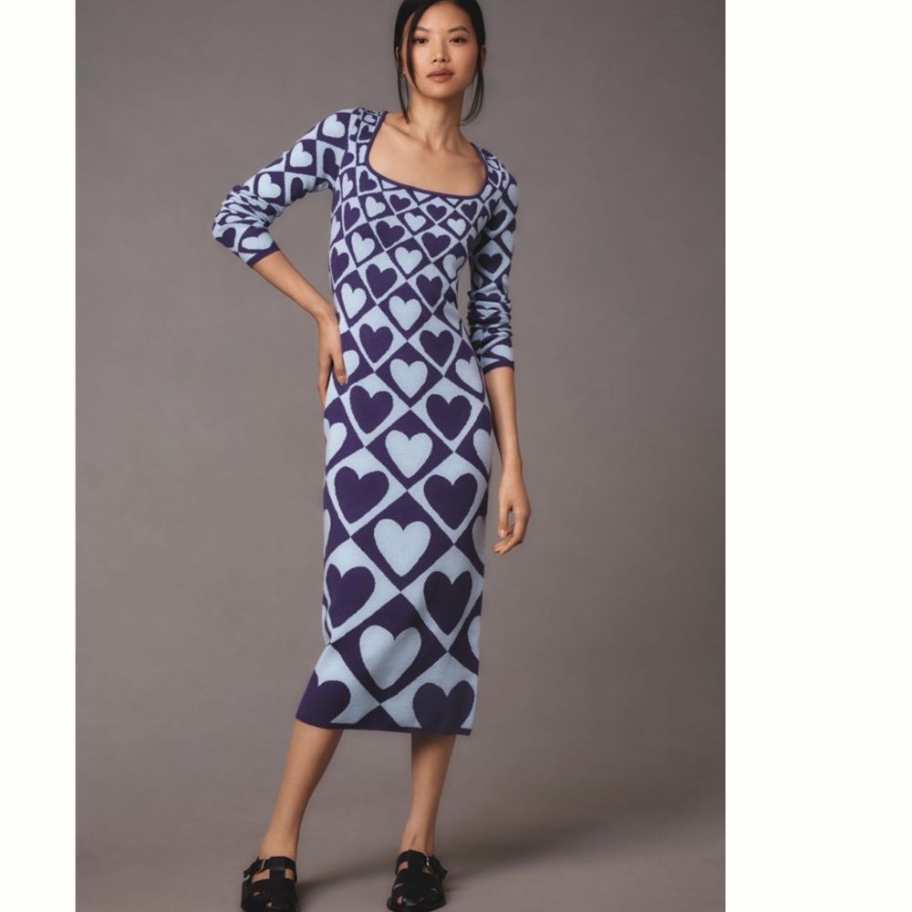 NWT Farm Rio Heart Print Long-Sleeve Midi Sweater Dress, size M - Picture 1 of 10